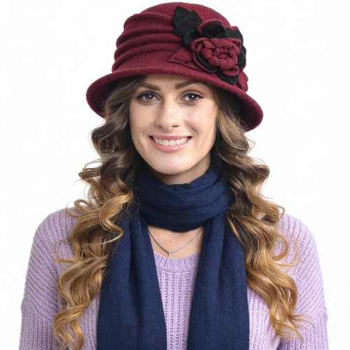 Vintage Women Floral Wool Dress Cloche Winter Hat 1920s - color: C020-d-claret