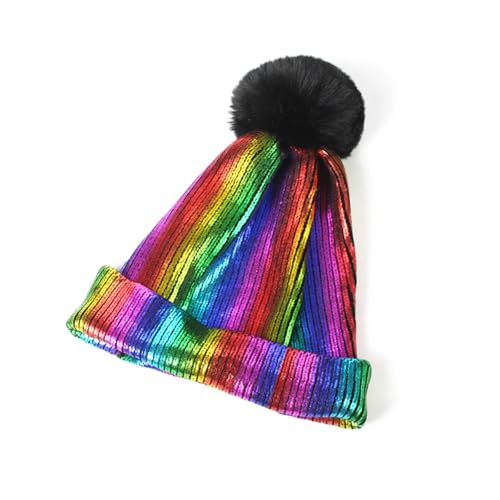 Metallic Winter Cable Knit Beanie Hat Cap Warm Soft Skull Caps with Furry Fur Pom Pom - color: Colorful