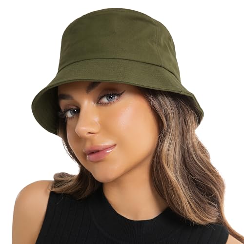 Wheebo Solid Color Bucket Hat for Women Summer Beach Fishmen Hat for Lady Adult Unisex Cotton Cap…… - color: A-sc-army Green
