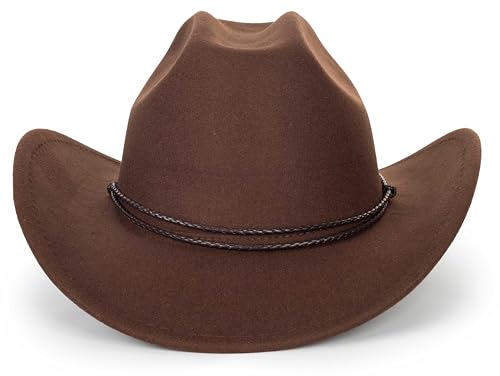 Western Felt Cowboy Cowgirl Hat - Wide Brim Panama Jazz Fedora Hat with Floral Engraved Buckle Belt Decoration 22.4" to 22.8" - color: Brownchin