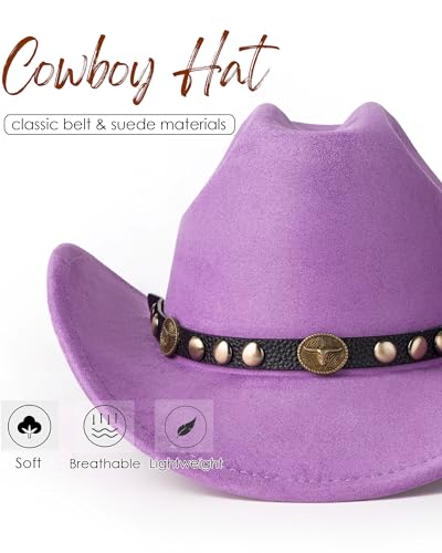 Western Cowboy Hat for Men Wide Brim Suede Cattleman Cowgril Hats - color: Black Belt /Purple