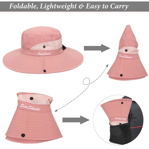 Sun Hat for Women Summer UV Protection Beach Hat with Ponytail Hole - color: Pure Pink(with Ponytail Hole)