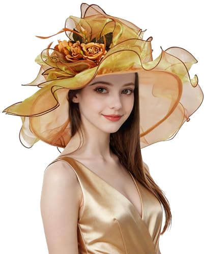 Organza Church Derby Hats for Women Wedding Tea Party Fascinator Floral Wide Brim Sun Hat - color: Style06 Gold