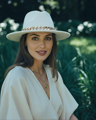 Men & Women Wide Brim Fedora Hat with Chain Buckle - color: Chain Belt-white