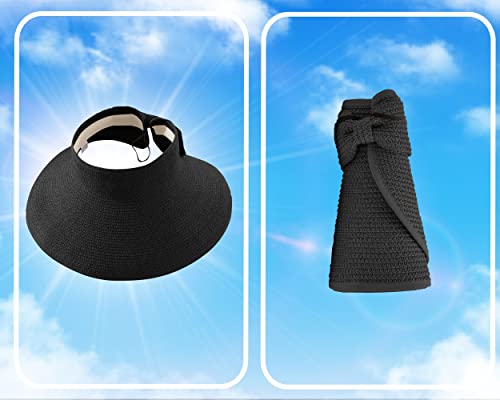 Straw Sun Visor for Women, Wide Brim UPF 50+ Protection Beach Hat, Adjustable, Roll Up Foldable Ponytail Cap with Chin Strap - color: Black