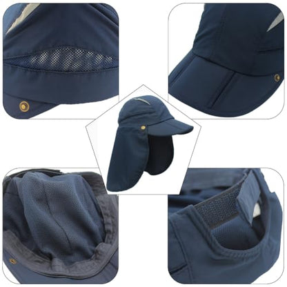 Hat with Neck Protection Detachable Multi-Purpose Summer Sun Hat Sun Protection Breathable Quick Dry UV Protection - color: Navy Blue, size: Large