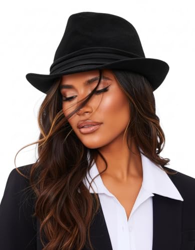 Men Classic Fedora-Hat Felt Manhattan-Gangster-Trilby with Band Unisex Women's Structured Trilby Fedora Hat(Size:S) - color: Black