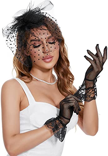 GurZinn Fascinator Hat Veil Feather Fascinator Tea Party Bridal Wedding Veil Pillbox Hat - color: Black Hat&glove&necklace
