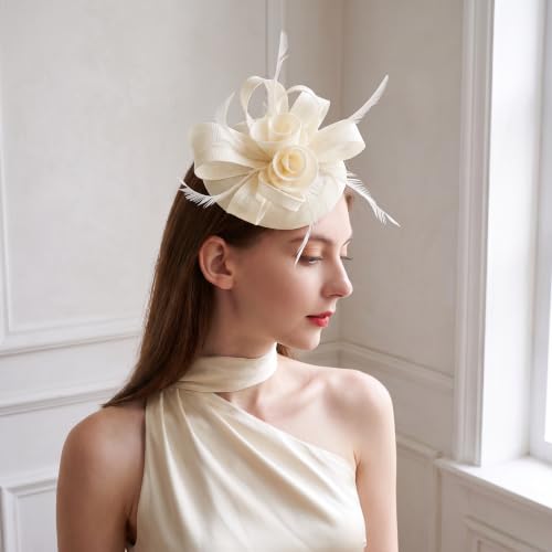 Flower Fascinator Hat Headband Clip for Women Tea Party - color: Cream-02