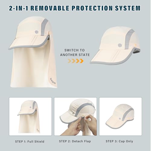 Tirrinia UPF 50+ Fishing Hat with Removable Neck Flap, Baseball Cap - color: Beige
