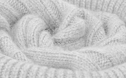 Women Real Fur Pom Pom Winter Ribbed Cuffed Knit Beanie Hat - color: Rc Grey