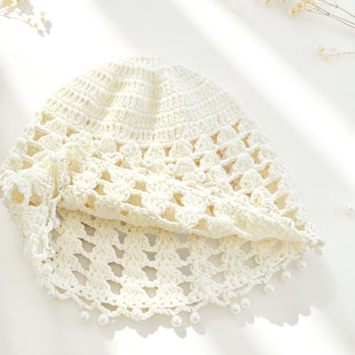 Crochet Hat Cap Cute Summer Beanies with Pearl Decor Boho Knit Mesh Hat - color: Brown Pearl
