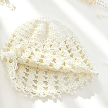 Crochet Hat Cap Cute Summer Beanies with Pearl Decor Boho Knit Mesh Hat - color: Brown Pearl
