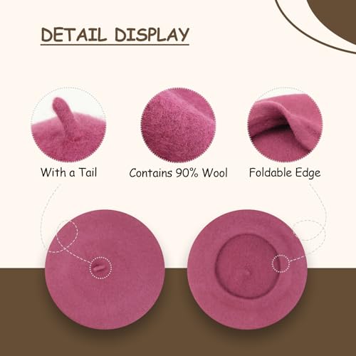 Gllutt Women Wool Beret Hat French Style Solid Color - color: Cyclamen Pink Purple