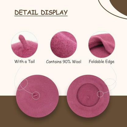 Gllutt Women Wool Beret Hat French Style Solid Color - color: Cyclamen Pink Purple