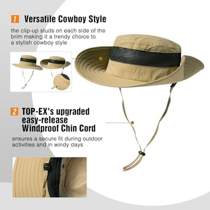 TOP-EX Oversized Waterproof Sun Hat for Big Heads with Wide Brim & Mesh - color: Khaki-3"brim, size: Medium-Large