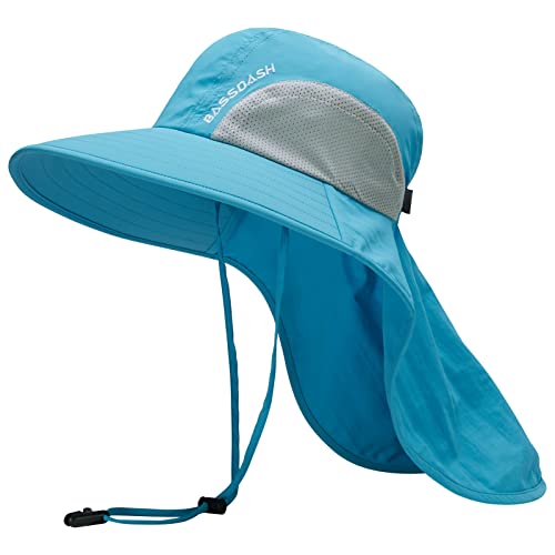 BASSDASH UPF 50+ Unisex Water Resistant Wide Brim Sun Hat with Large Neck Flap Ponytail Fishing Hat for Men Women - color: Light Blue