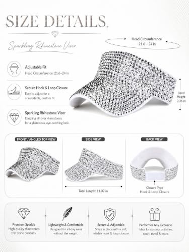 Women Shiny Rhinestone Bling Sun Visor Adjustable Tennis Beach Ponytail Hat - color: White Hat+sliver Rhinestone