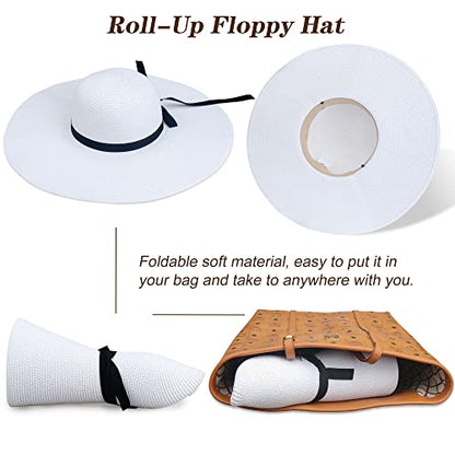 Women Wide Brim Sun Hat UPF50 Straw Summer Hat Floppy Beach Hat Roll-Up - color: Tie White