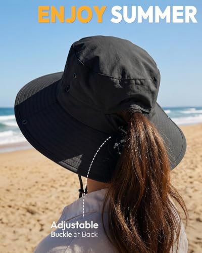 Women Sun Hat with Ponytail Hole Wide Brim Bucket Sun Protection for Summer - color: Black