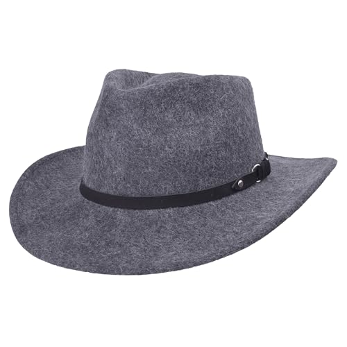 Bigalli Melbourne Alpaca & Wool Felt Cowboy Fedora Hat for Men Women Crushable Teardrop Genuine Leather Detail | Outback - color: Grey Melange, size: Medium