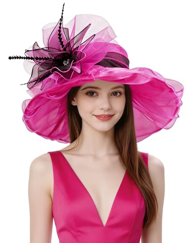 Organza Church Derby Hats for Women Wedding Tea Party Fascinator Floral Wide Brim Sun Hat - color: Style03 Rose Black