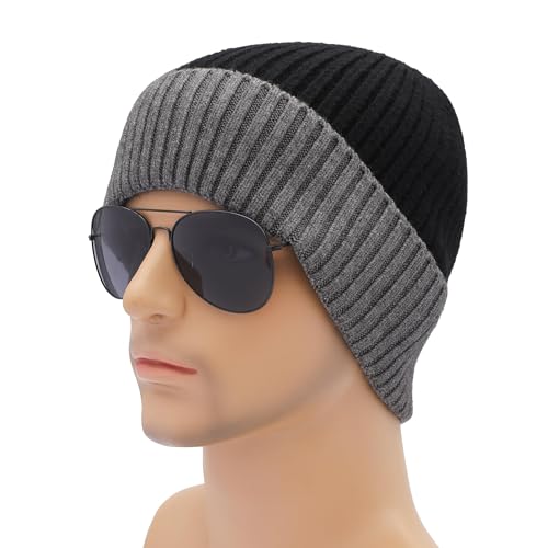ZLYC Men Winter Knit Fisherman Beanie Hat Fashion Warm Daily Skull Cap - color: Cuffed Gray and Black