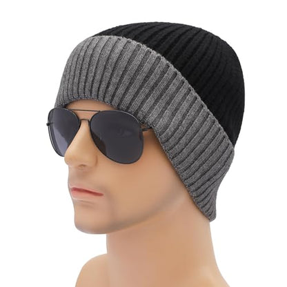 ZLYC Men Winter Knit Fisherman Beanie Hat Fashion Warm Daily Skull Cap - color: Cuffed Gray and Black