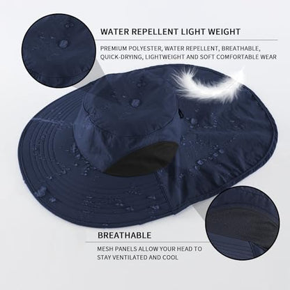 Home Prefer Outdoor UPF50+ Sun Hat Wide Brim Mesh Fishing Hat with Neck Flap - color: Navy Blue