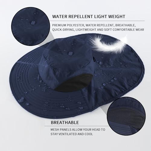 Home Prefer Outdoor UPF50+ Sun Hat Wide Brim Mesh Fishing Hat with Neck Flap - color: Navy Blue