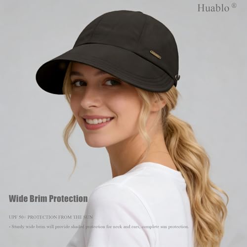 UPF 50+Womens Sun Hat UV Protection Hiking Fishing Hats Wide Brim Hat Adjustable Ponytail Packable Sun Cap - color: Black
