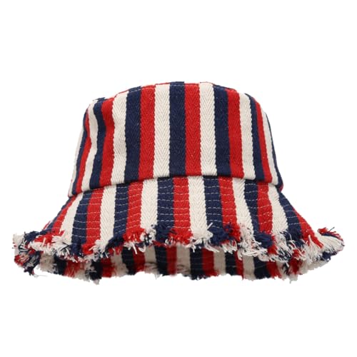 Quanhaigou Frayed Unisex Sun Hats, Fashion Beach Bucket Hat for Men Women,Summer Outdoor Boy's Girls Boonie Cap - color: Stripe Red Navy Beige