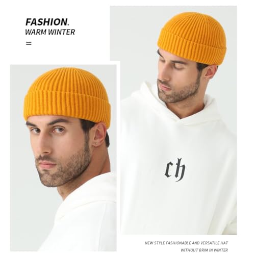 Fisherman Beanie for Men Knit Trawler Beanie Short Cuffed Watch Cap for Men Women - color: Yellow