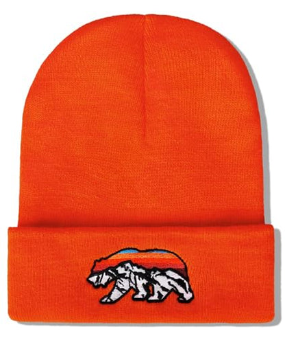 Knit Winter Beanie Hats for Men Women Cuffed Skull Cap with Mountain Embroidery Outdoor Christmas & New Year Gifts - color: Bear/Orange