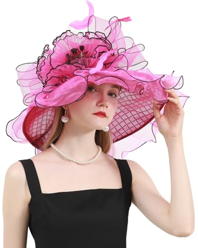 ORIDOOR Women Organza Fascinator Church Derby Hat Floral Tea Party Wedding Hat - color: 868-rose Red