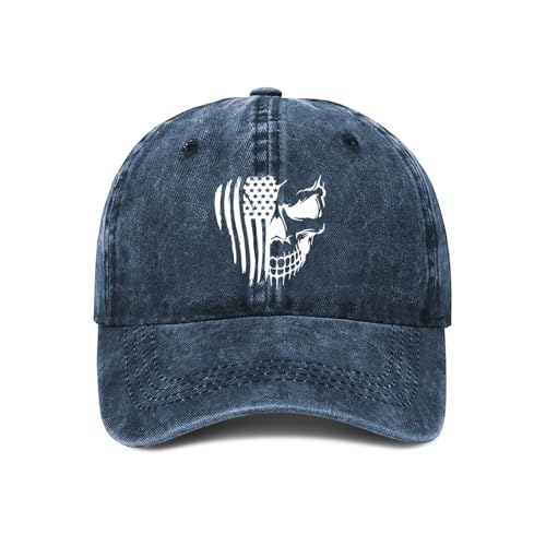 American Flag and Skull Baseball Cap Adjustable Vintage Washed Cotton Hats Gift for Men Women - color: Navy Blue