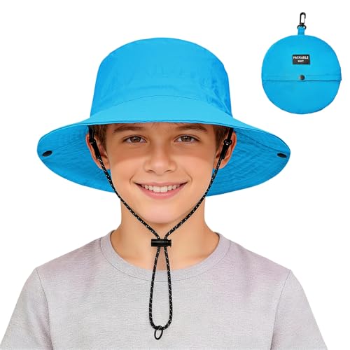 Zando Packable Kids Sun Hat UPF 50+ Girls Boys Beach Bucket Hat Summer - color: Turquoise Blue, size: 8-12 Years