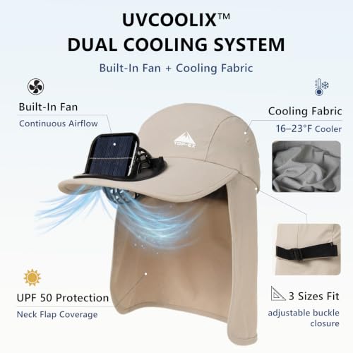 TOP-EX UVCoolix™ Cooling Neck Flap Baseball Sun Cap with Solar Fan - color: Beige, size: X-Large-XX-Large