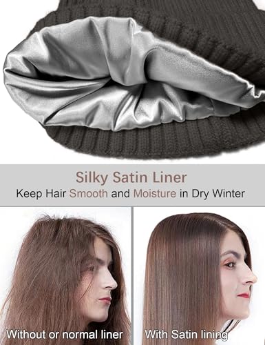 Satin Lined Wool Acrylic Blend Beanie Hat Women Men, Winter Knit Cap - color: Dark Gray