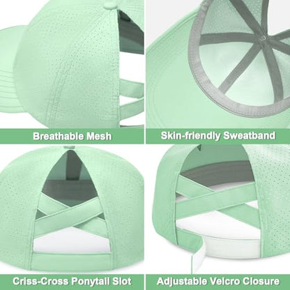 Women's Wide Brim Sun Hat with Ponytail Hole, UV Protection Criss Cross Sun Visor Hat, Lightweight & Quick-Drying Beach Cap - color: Mint Green