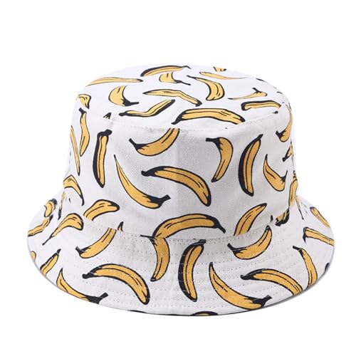 Bucket Hat for Women Men, Cotton Reversible Double Side Wear Sun Hats Beach Fisherman Hat - color: Banana White
