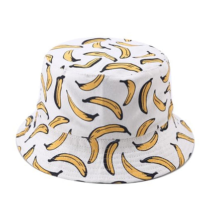 Bucket Hat for Women Men, Cotton Reversible Double Side Wear Sun Hats Beach Fisherman Hat - color: Banana White
