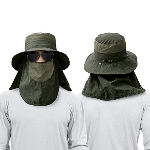 2 Pieces Men's Wide Brim Fishing Hat Outdoor UPF 50+ Sun Protection Removable Face and Neck Flap - color: Light Grey & Army Green