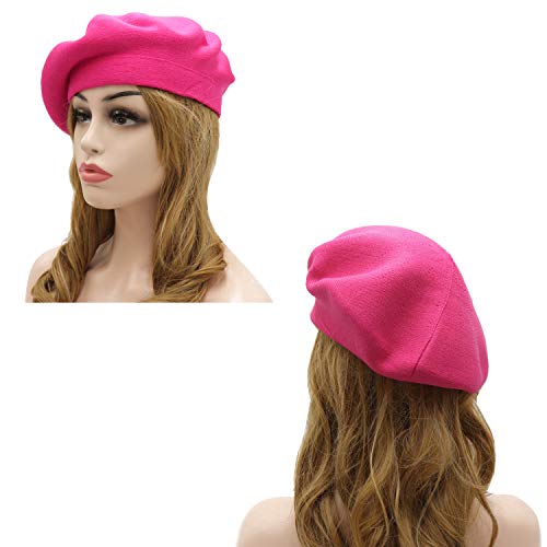 Wheebo Reversible Solid Color French Beret Hat for Women and Girls - color: Hot Pink