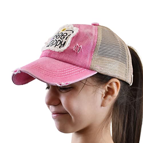 C.C. Childrens' Kids' Girls' Criss Cross High Bun Adjustable Mesh Trucker Baseball Cap - color: Bee Happy, Pink