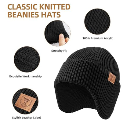 OZERO Winter Beanies Hats Men: Beanie with Ear Flaps - color: Black