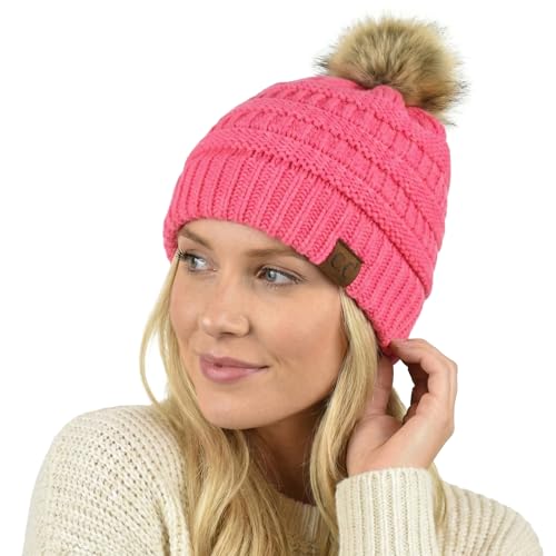 C.C Trendy Fuzzy Fleece Lined Warm Comfortable Soft Stretch Cable Knit Ribbed Faux Fur Pom Pom Beanie Hat - color: Candy Pink