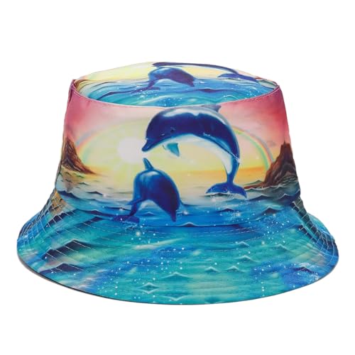 Quanhaigou Bucket Hat for Men Women,Packable Reversible Printed Sun Hats,Fisherman Outdoor Summer Travel Hiking Beach Caps - color: Dolphin Ocean