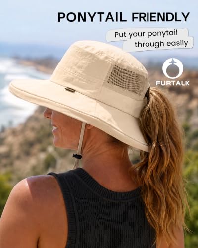 FURTALK Sun Hats for Women Wide Brim Ponytail UV Packable Hiking Travel - color: Khaki