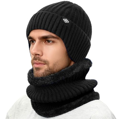 Trifabricy Winter Knit Hat Scarf Set, Fleece Lined Beanie and Neck Warmer - color: Black
